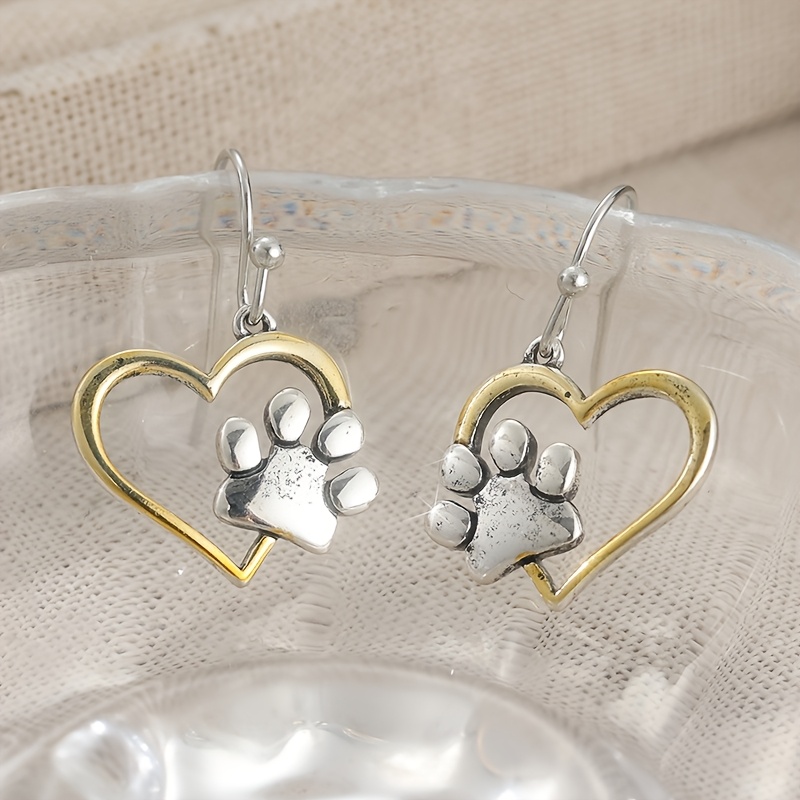 Two Tone Heart-shaped Paw Print Earrings, Copper Anti-Allergy